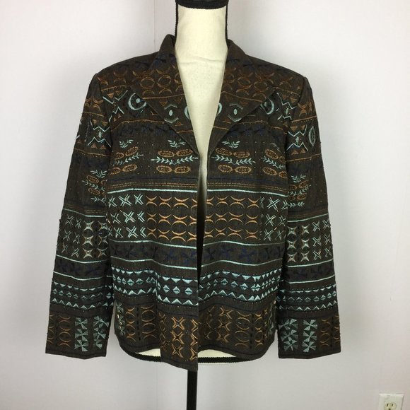 Coldwater Creek Denim Open Front Jacket Size 14P Womans Petite Brown Embroidered - Picture 1 of 14
